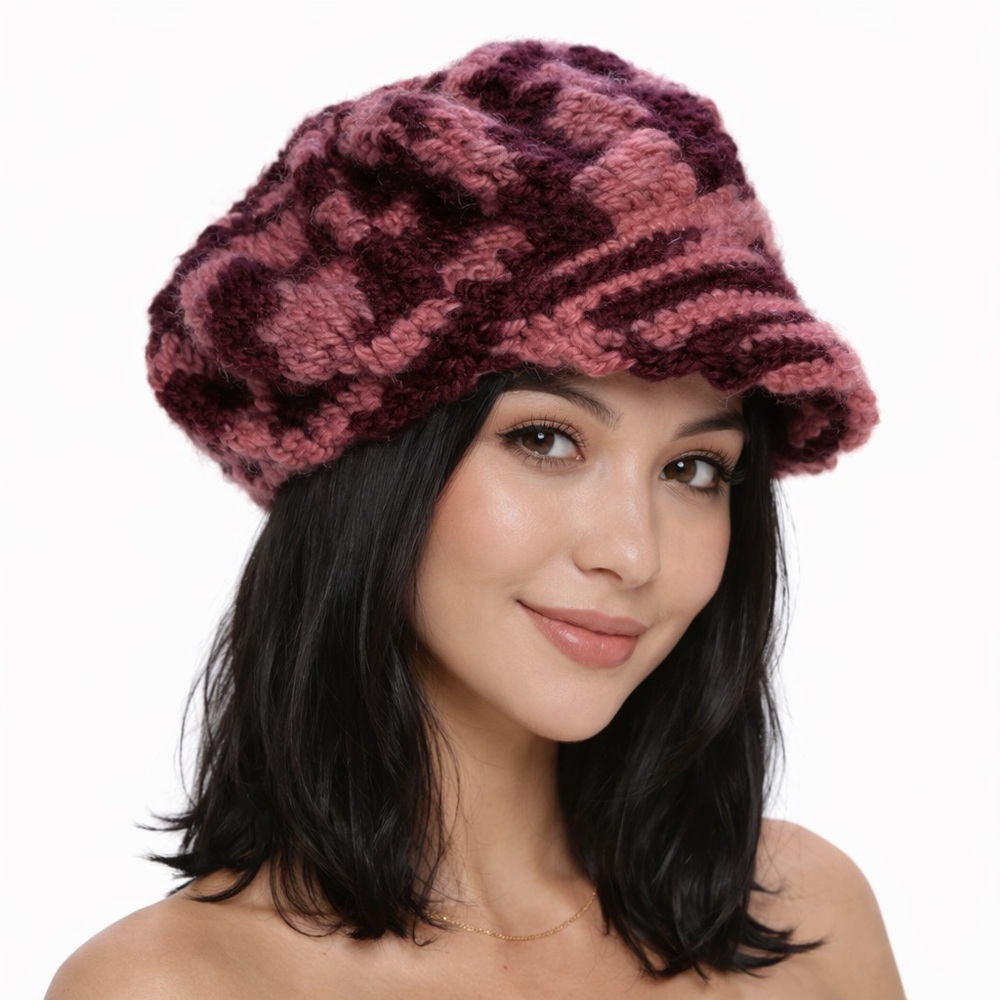Vintage Handmade Crocheted Newsboy Hat Pink Burgundy Boho Cap Small